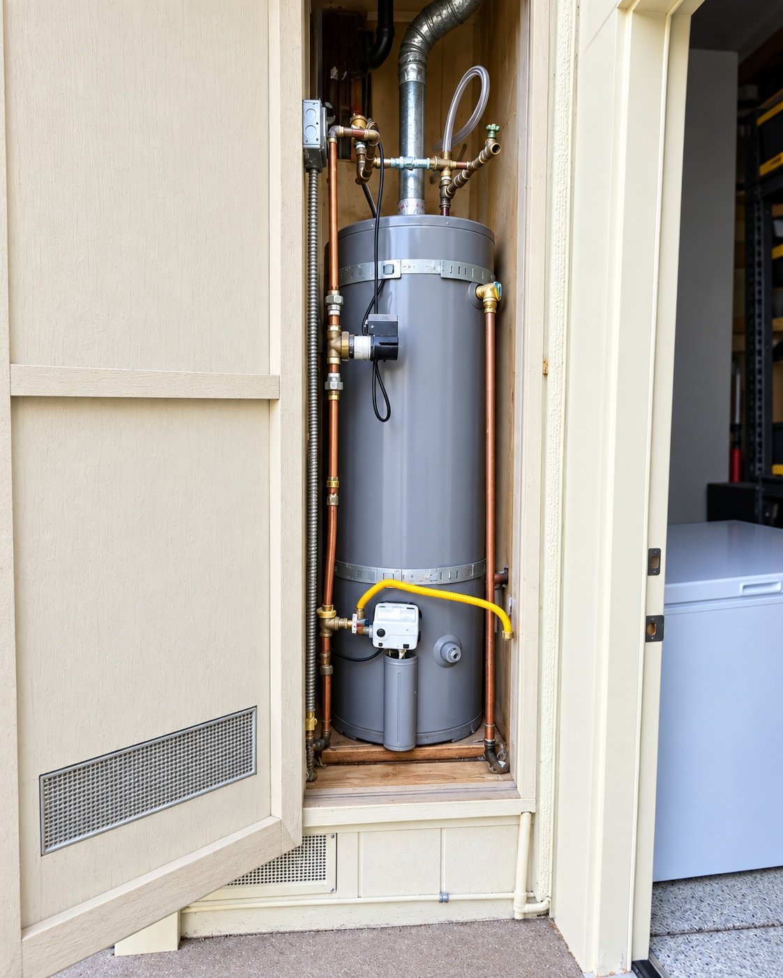 Residential tank water heater in a utility closet