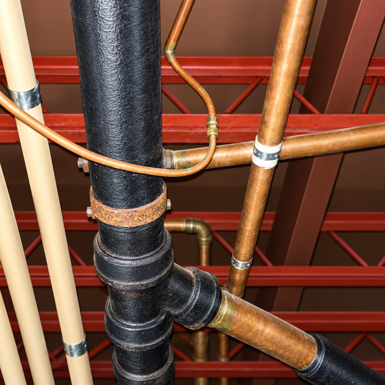 Commercial ceiling plumbing network with multiple pipes and connections