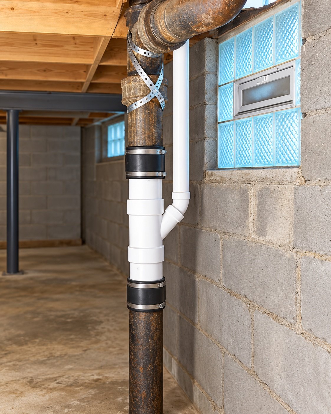 Basement plumbing stack and drain piping repair
