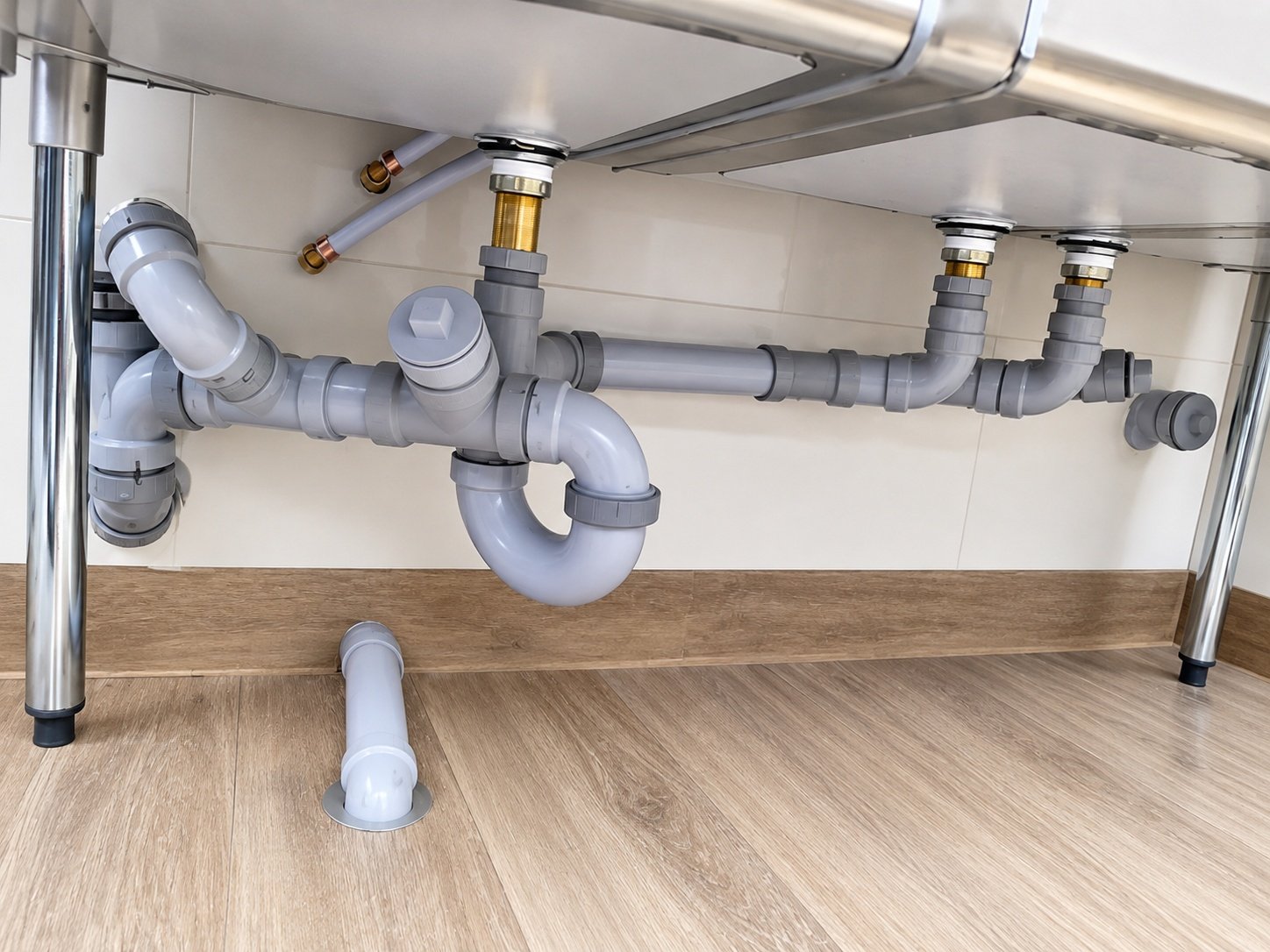 Under-sink plumbing pipes and drain connections during inspection
